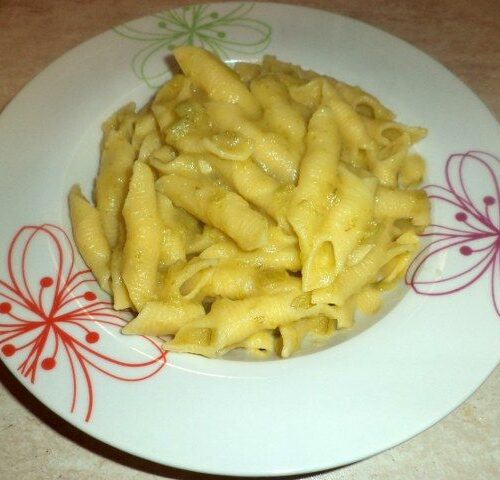 Pasta formato garganelli conditi con una purea di zucchine e patate
