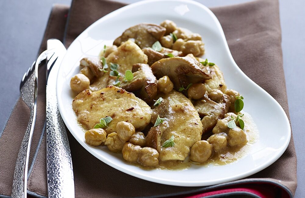 scaloppine di pollo con ceci e porcini